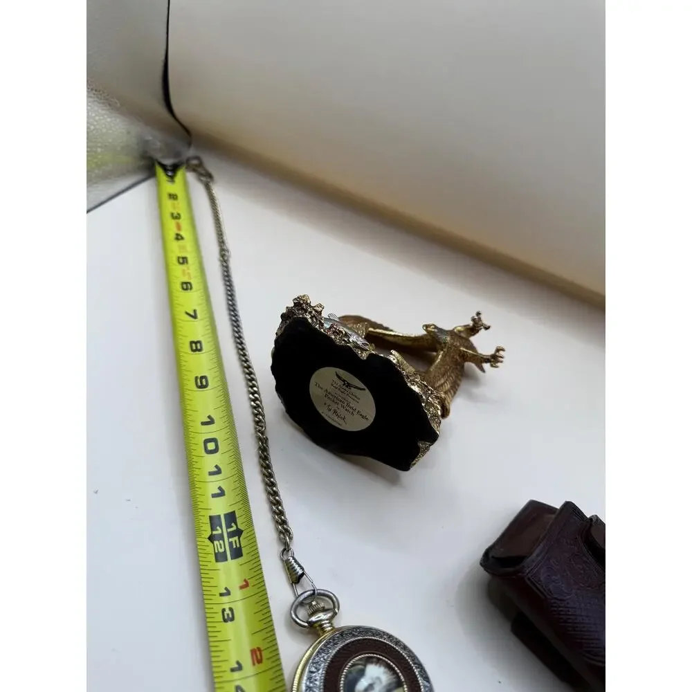 VTG Franklin Mint Bald Eagle Pocket Watch by Ted Blaylock Stand, Chain & Pouch